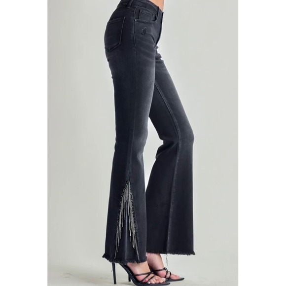 Risen Jeans Denim - Risen Jeans Black Distressed Flare Rhinestone Chain Fringe Jeans Size 0/24